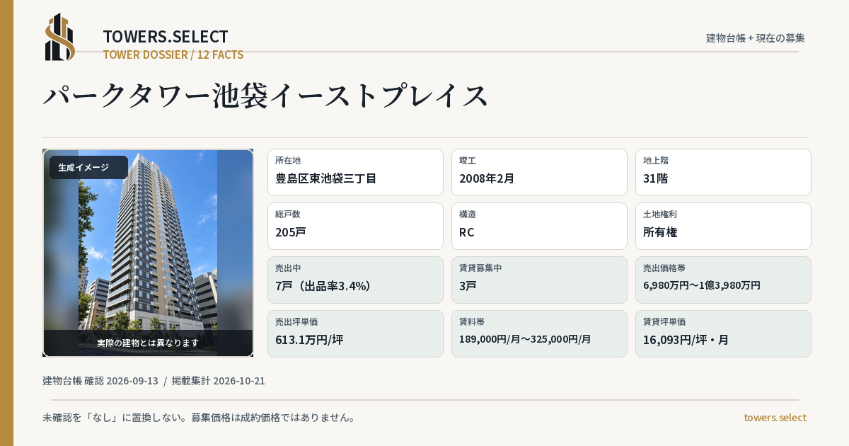 パークタワー池袋イーストプレイスの棟の12データカード