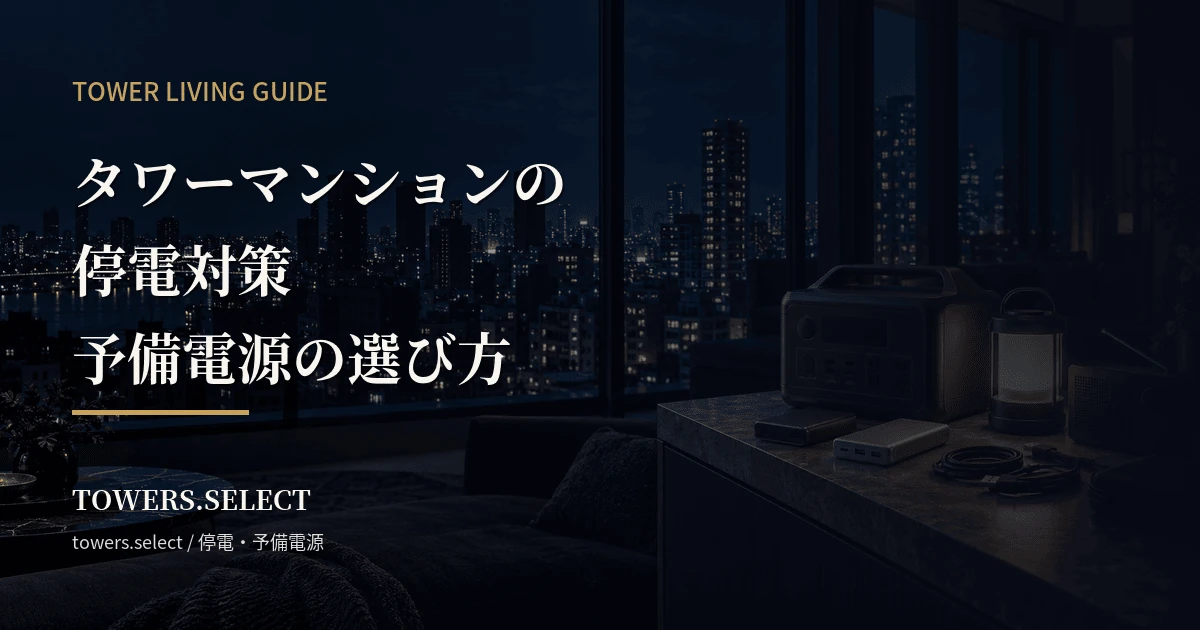 Illustration of a nighttime high-rise home prepared with a portable power station, power banks, and an LED lantern