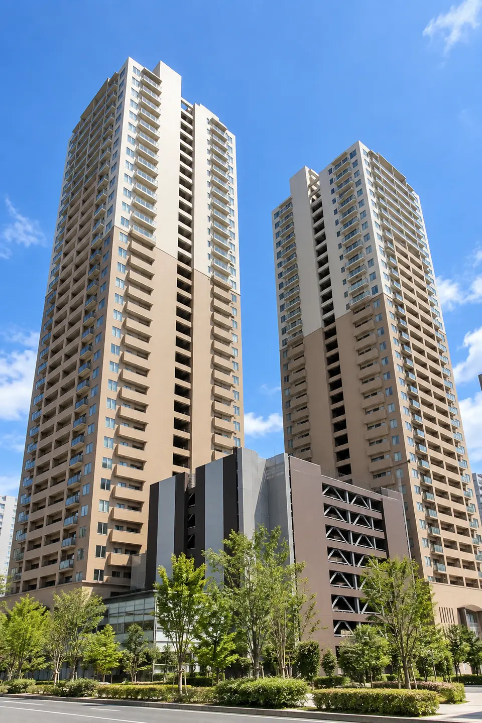 Generated illustration (not the actual building) of PUREMISUTOCHIHAYA TOWER TWIN MAKUSU EA TOWER