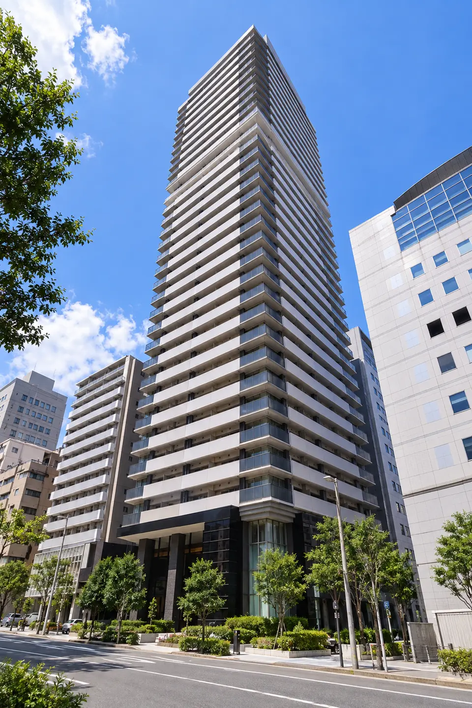 Generated illustration (not the actual building) of ERUGURESUKOBESANNOMIYA TOWER SUTEJI