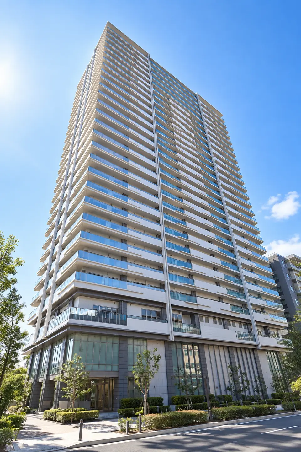 Generated illustration (not the actual building) of SUMIYOSHIGAWA RIVERSIDE FORAMU THE RESIDENCE
