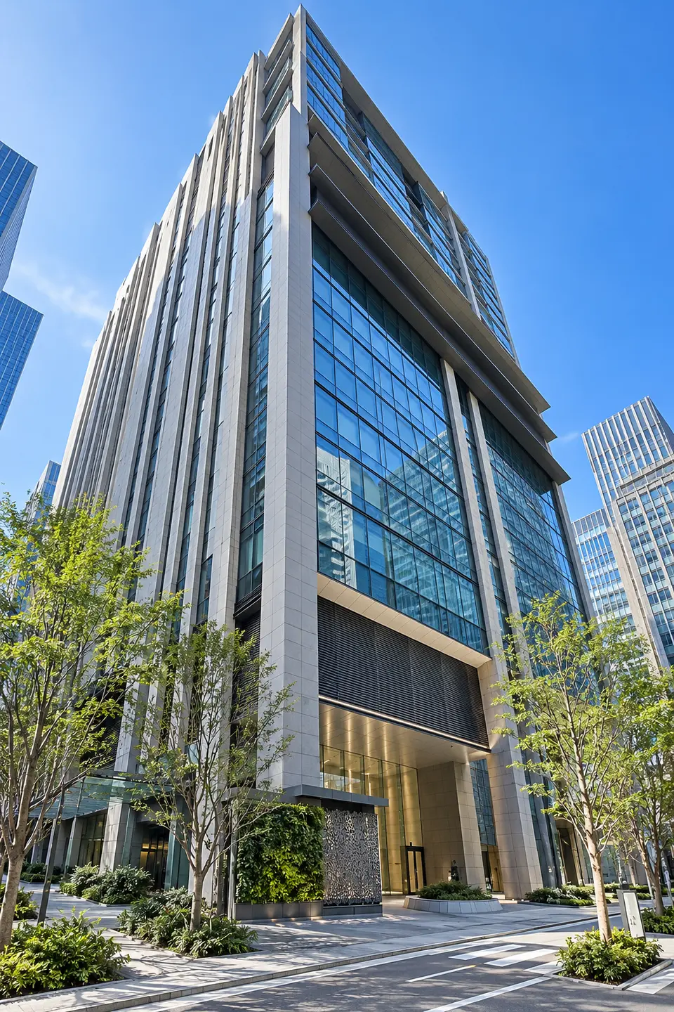 Generated illustration (not the actual building) of ASUKOTTOMARUNOCHI TOKYO
