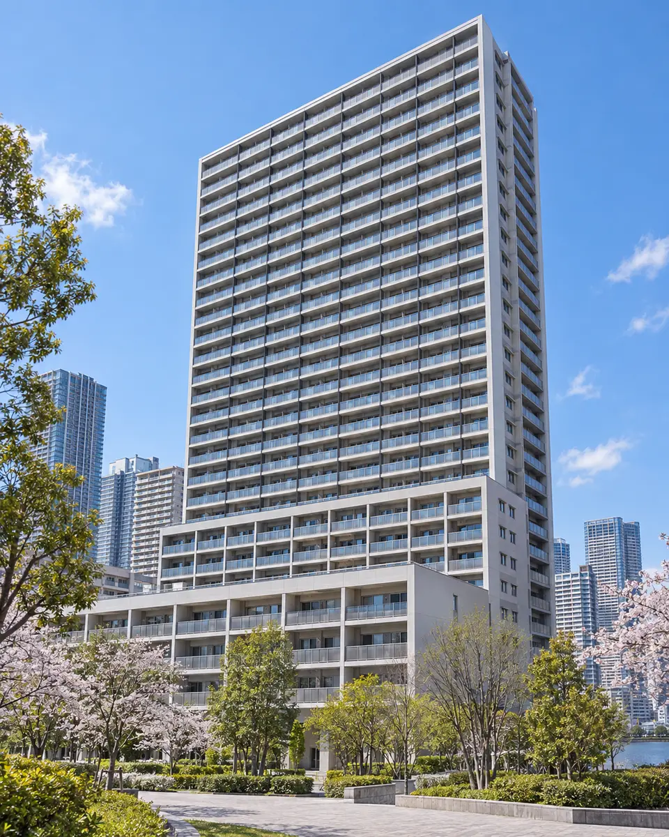 Generated illustration (not the actual building) of HARUMIAI RANDO TORITON SQUARE VIEW PLAZA