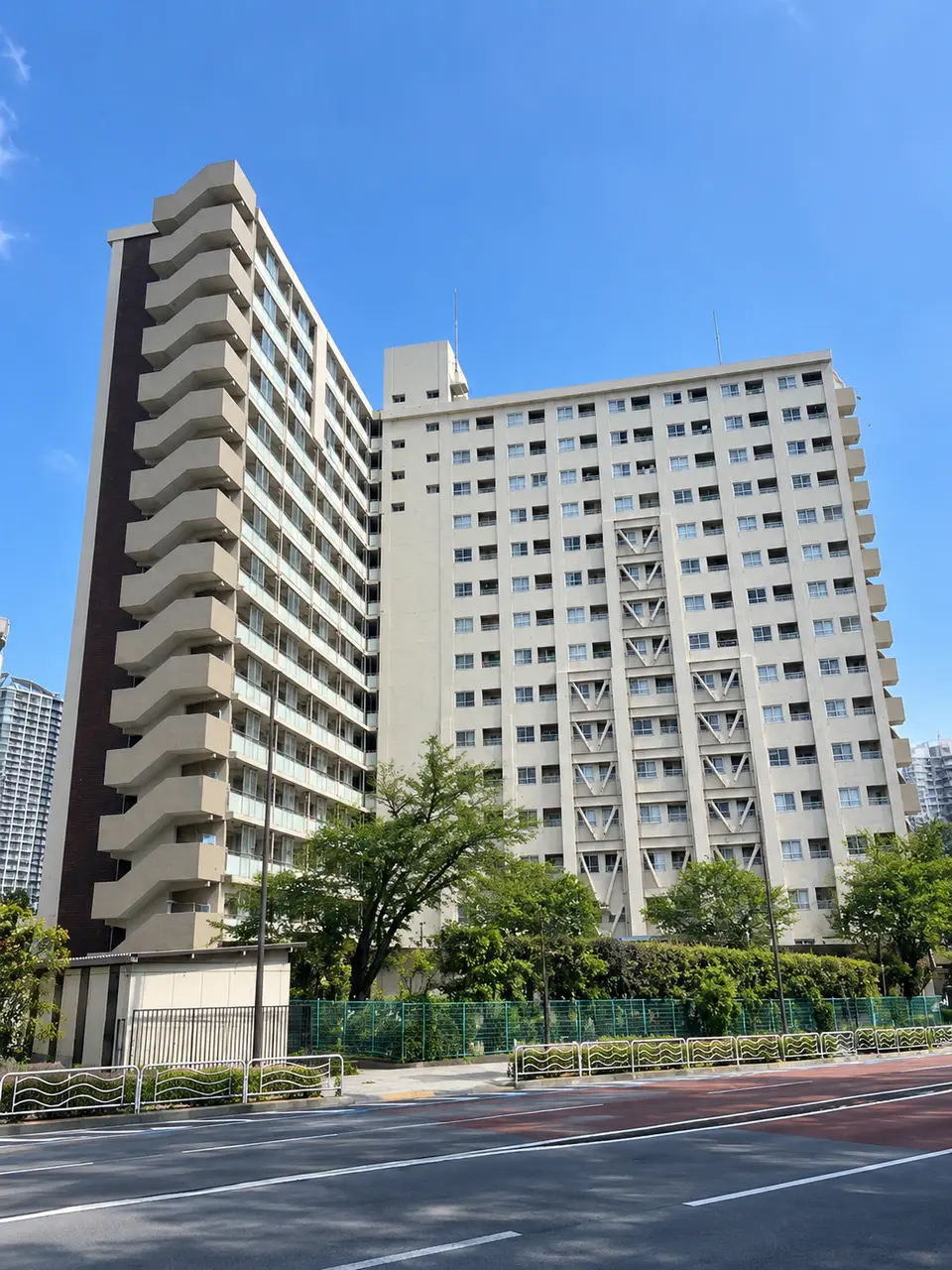 Generated illustration (not the actual building) of SHINONOME JUTAKU